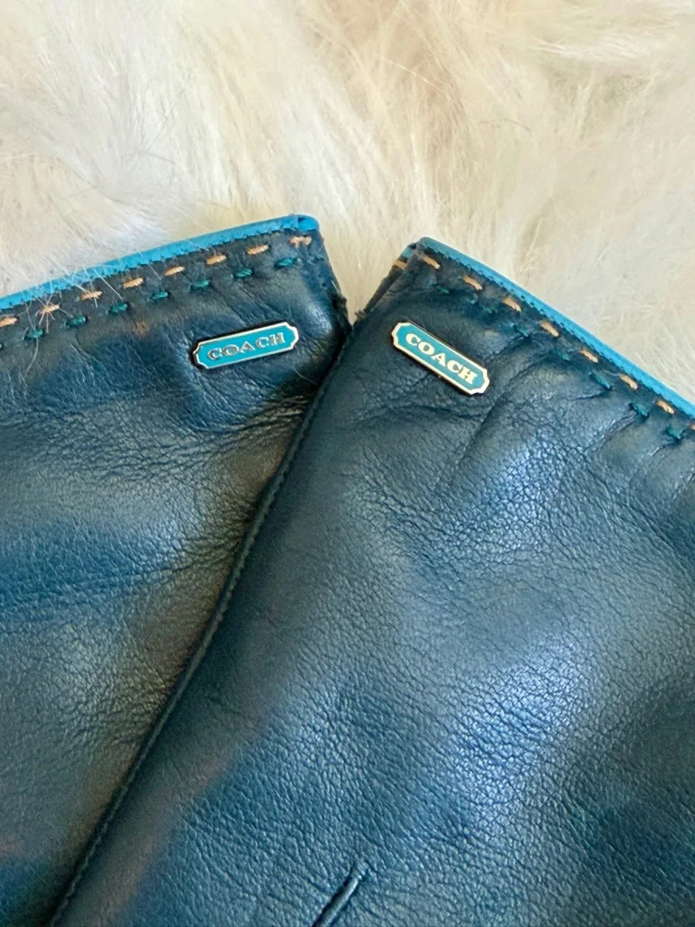 Coach Teal Leather Gloves with Cashmere Lining - Picture 3 of 8